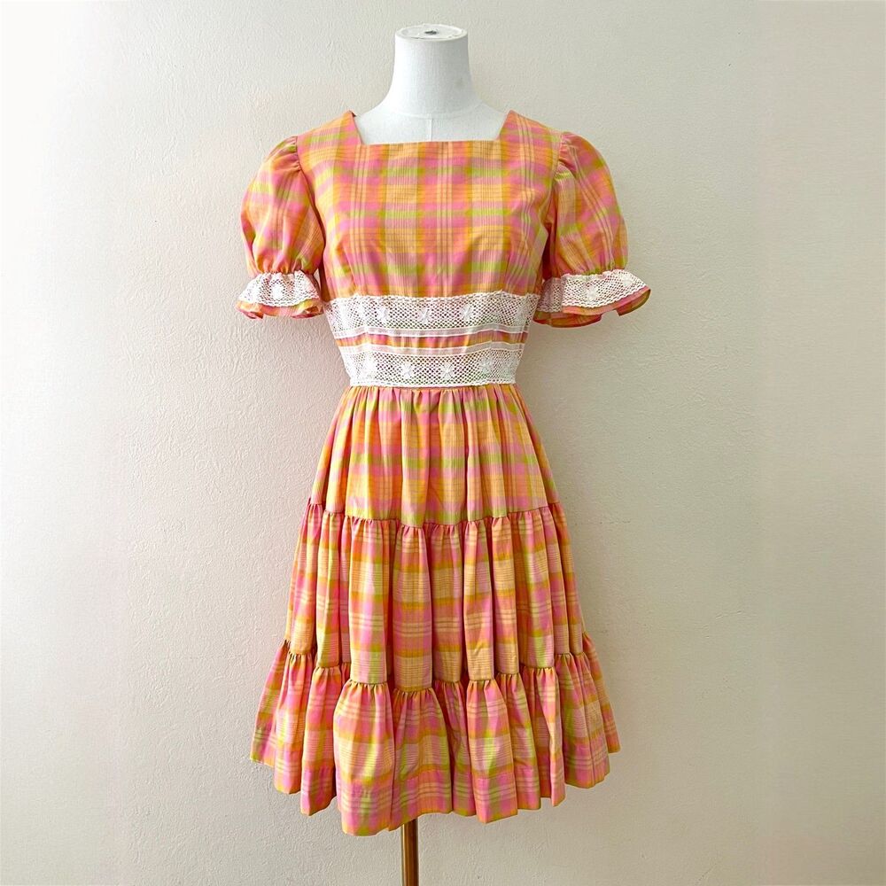 Vintage Malco Modes Pink Orange Plaid Square Dance Mini Dress Fits Modern XS/S